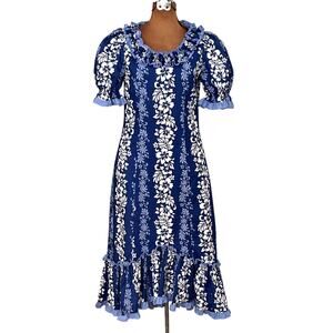 Karyl Kaye Sz 8 Muumuu Dress Blue Cotton Vintage Hawaii Hibiscus Ruffle Vacation